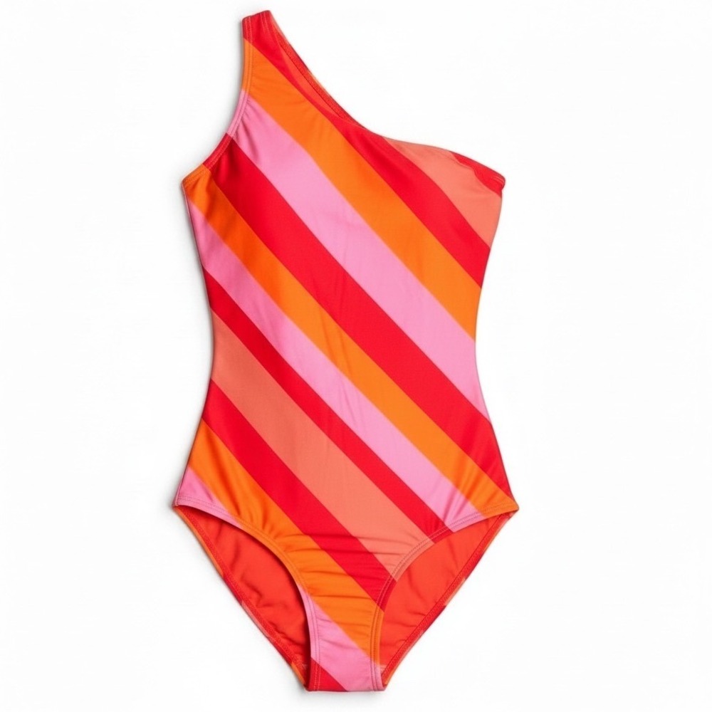 ModCloth One Shoulder Striped One Piece Swimsuit L Pink Orange‎ Retro